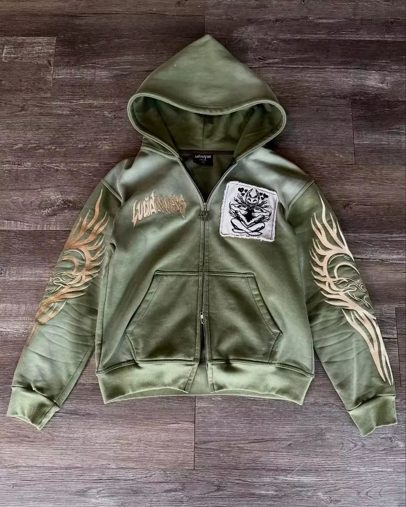 Y2K Fashion New Letter Patch Cardigan Zipper Sweater Men Gothic Harajuku Vintage Hip Hop Popular Casual Sports Sweater Hoodies