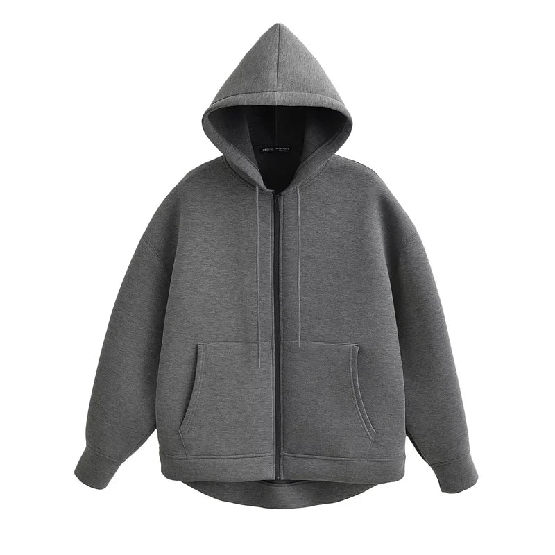 Winter New Women'S Zipper Hoodie High Street Unisex Style Double Pockets Oversize Loose Sweatshirts Outerwear Top