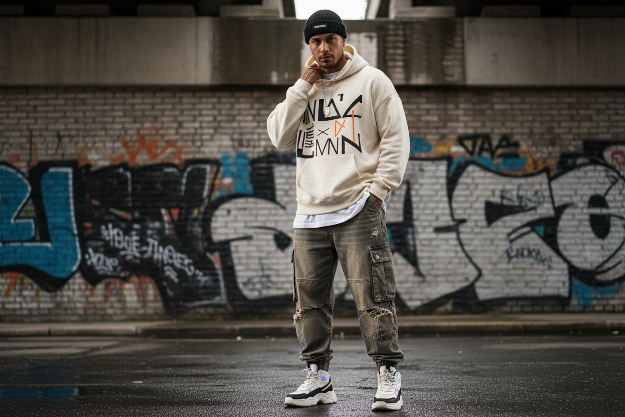 male model with stylish streetwear clothing